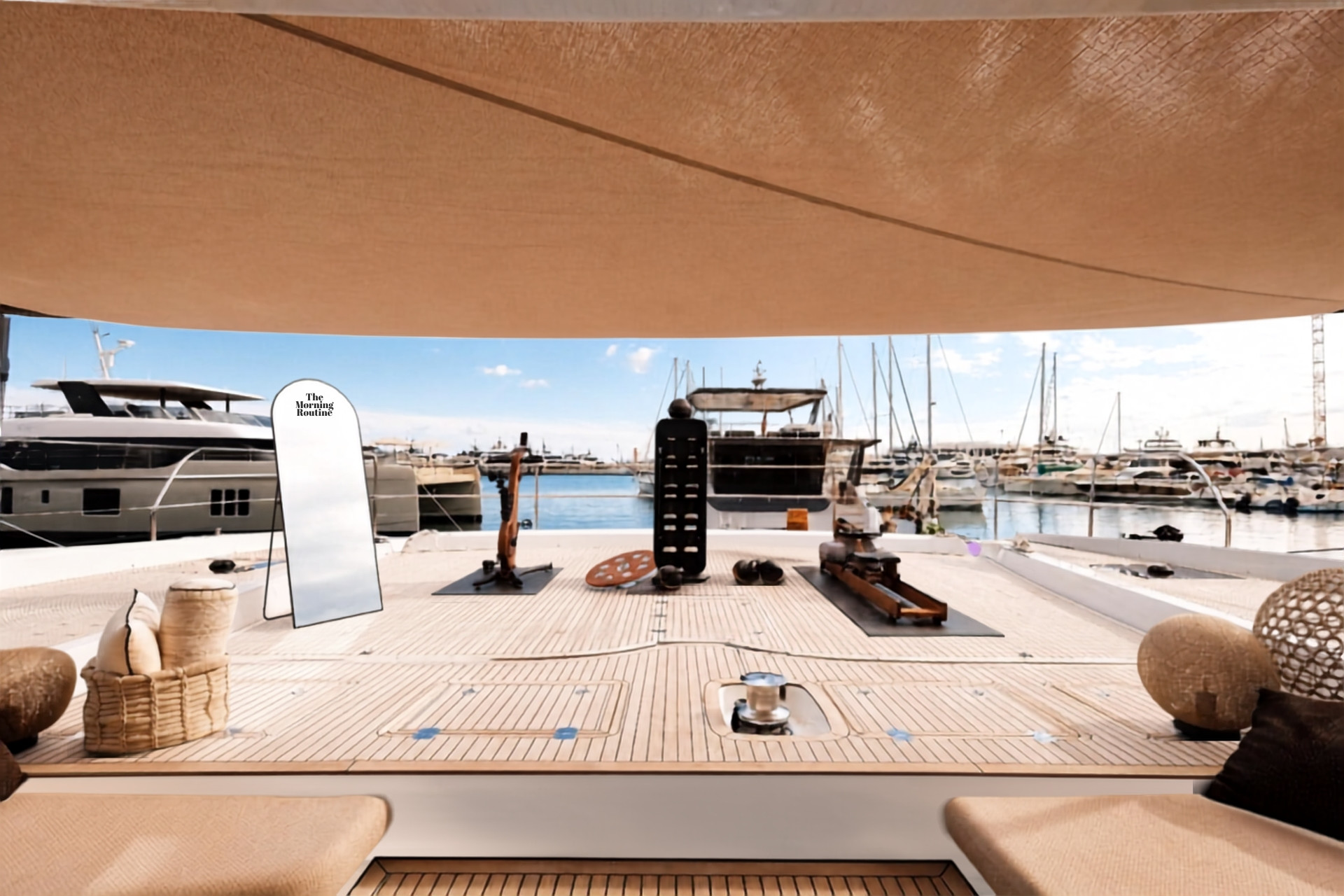 A Lagoon deck prepared for The Morning Routine in Cannes