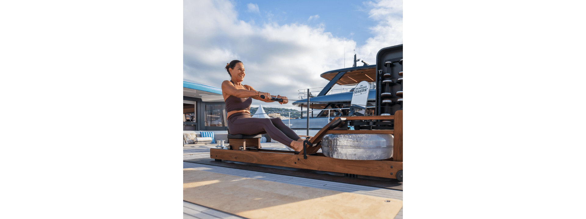 A participant exercising on a WaterRower rowing machine